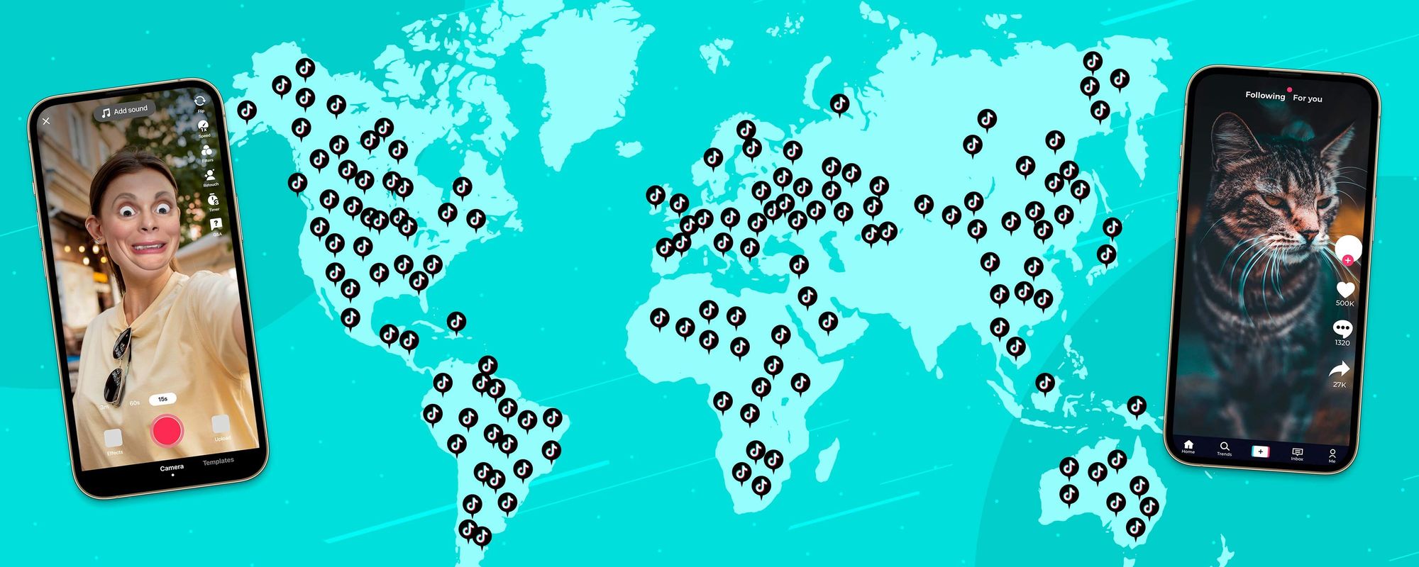 Images of two phones showing what TikTok looks like in front of a world map highlighting TikTok's global popularity. 