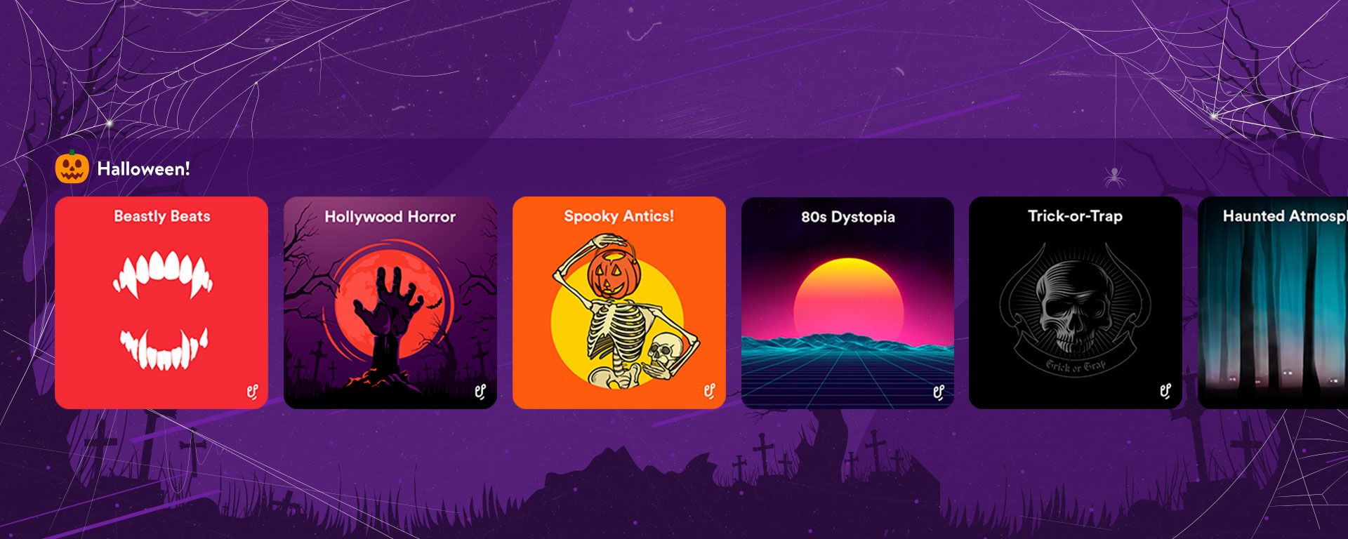 Selection of royalty-free Halloween music playlists available to download on Uppbeat.