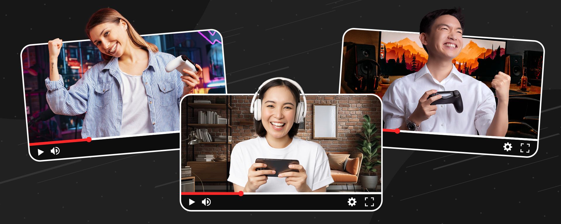 Images of content creators that are happy because they've found the ideal gaming music for their content.