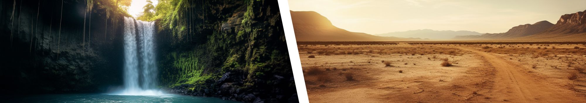 Separate images of a waterfall and a desert to represent different Uppbeat travel music playlists.
