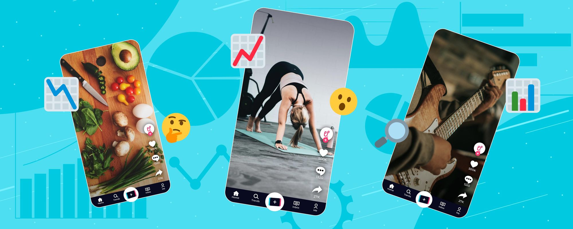 Examples of three different TikTok videos alongside graph emojis to tie into understanding TikTok Analytics.