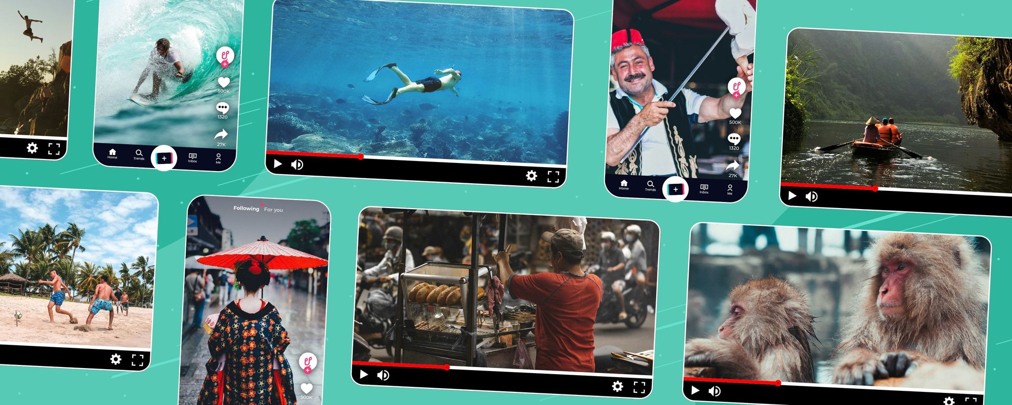 Examples of different travel content ideas featuring a variety of activities and experiences.