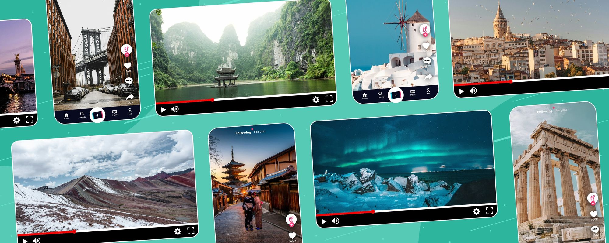 Examples of different travel content ideas featuring a variety of different landscapes.