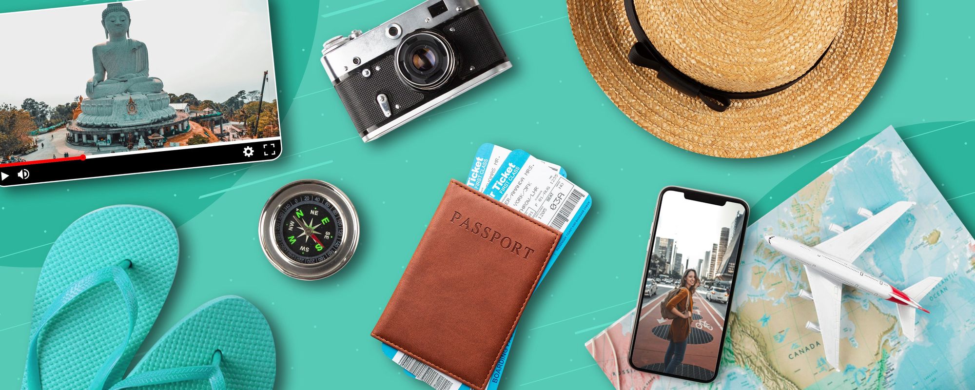 A selection of travel items including a phone and a tablet showing different travel content ideas creators could try.