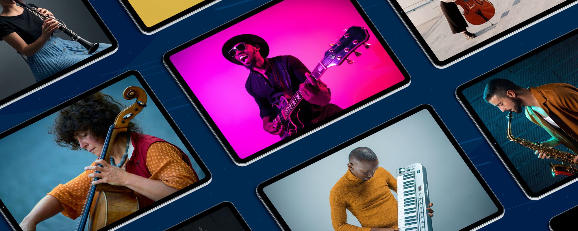 Different screens featuring a variety of musicians to show the broad scope that music licensing covers.