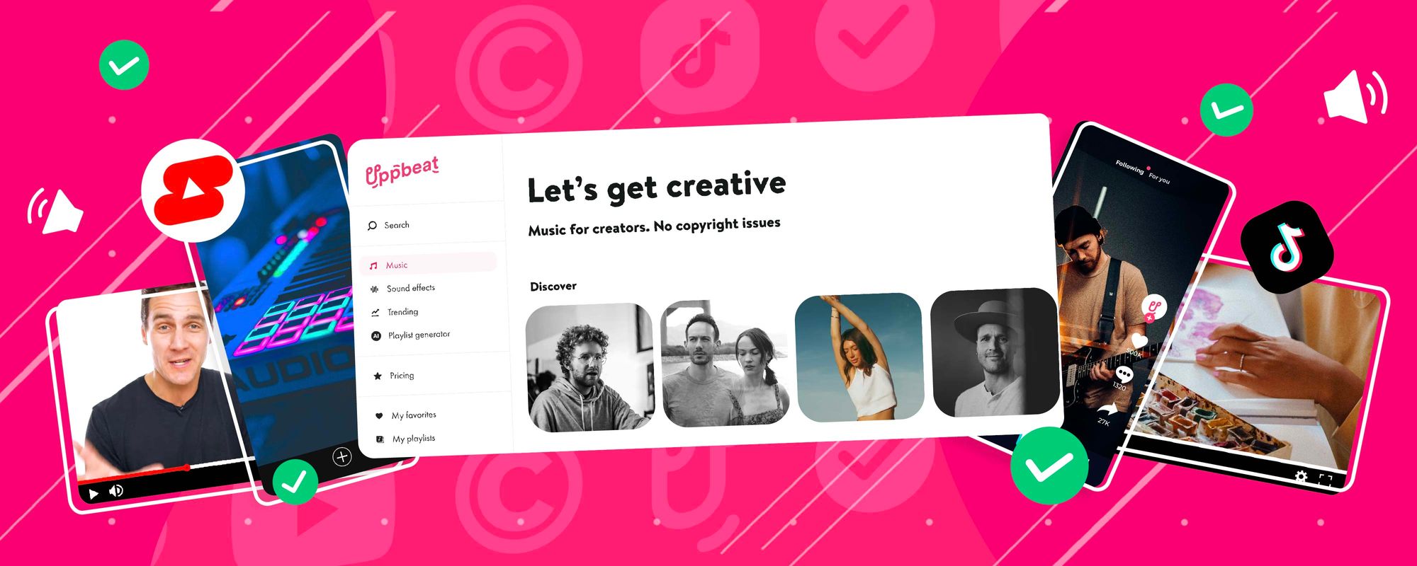 Image showing Uppbeat's music licensing platform alongside different examples of video content.