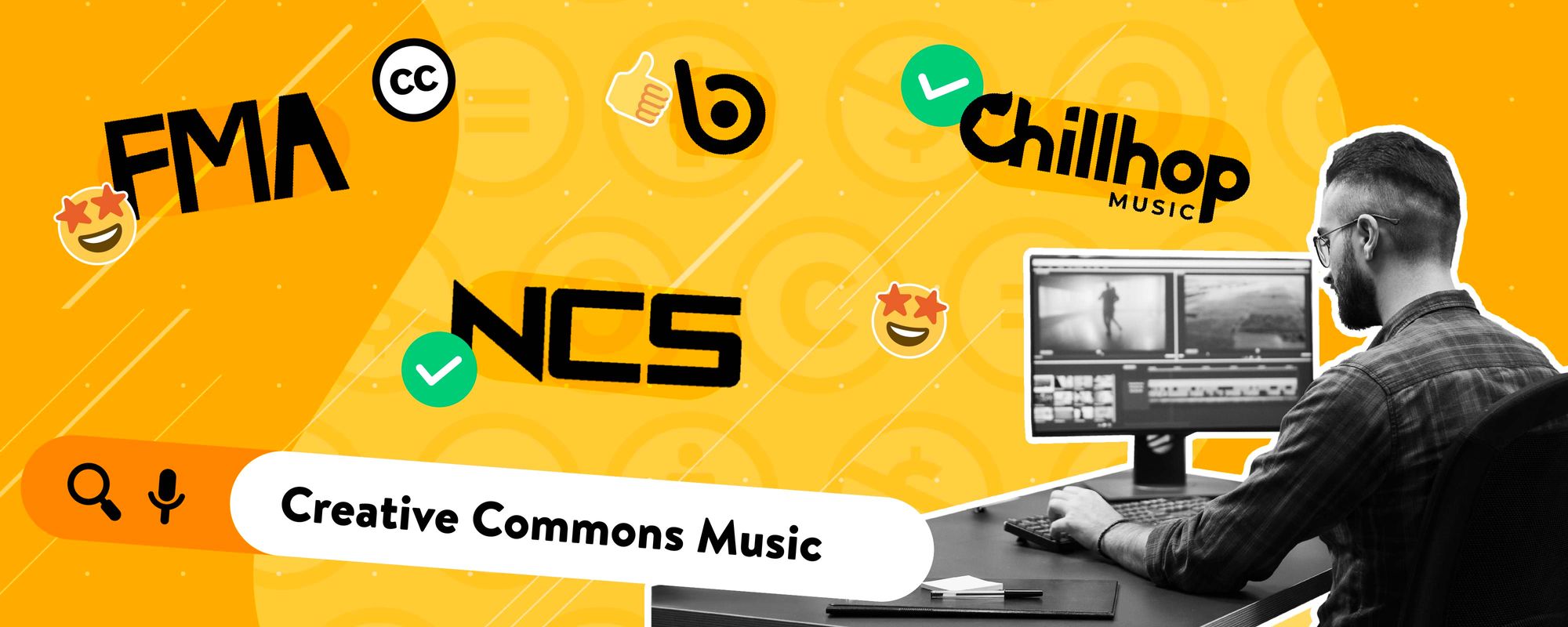 Image of a content creator searching for Creative Commons music on different online music libraries.