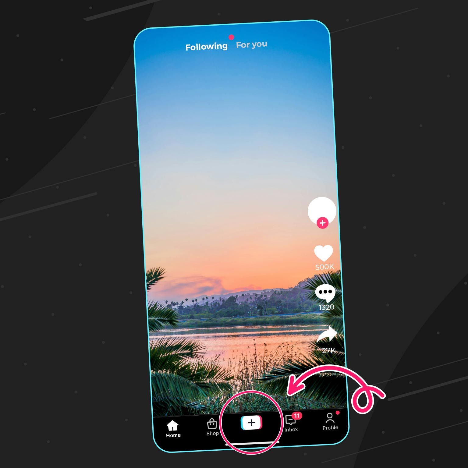 Screenshot of a phone with the TikTok app open, showing the large plus symbol creators need to tap in order to go live on TikTok.