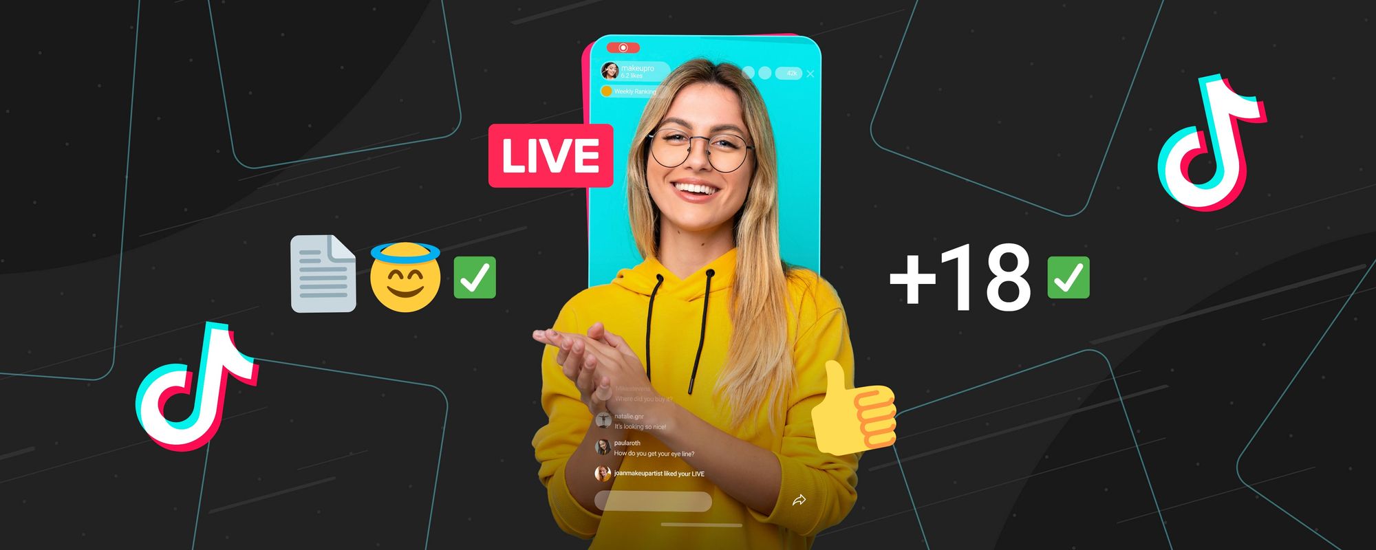 Image of a creator surrounded by symbols related to the requirements for going live on TikTok.