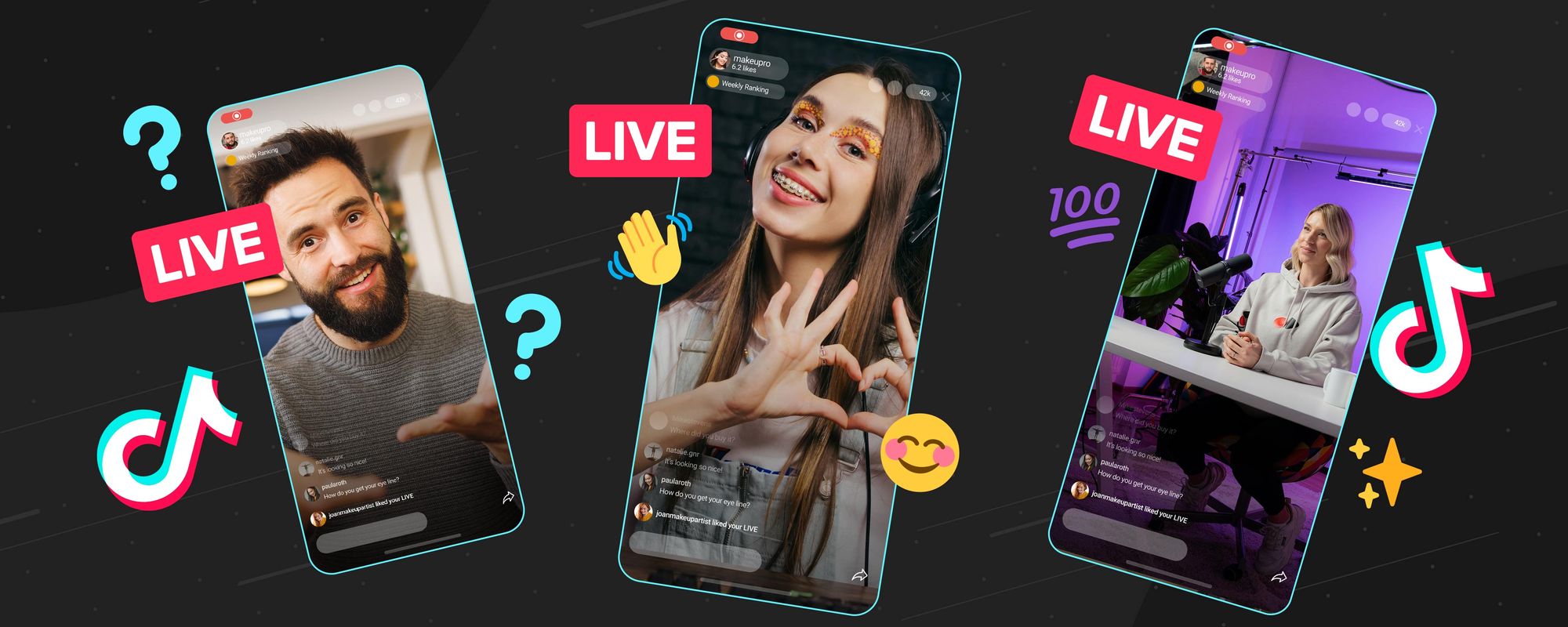 Images of creators taking part in different types of TikTok LIVE streaming sessions.