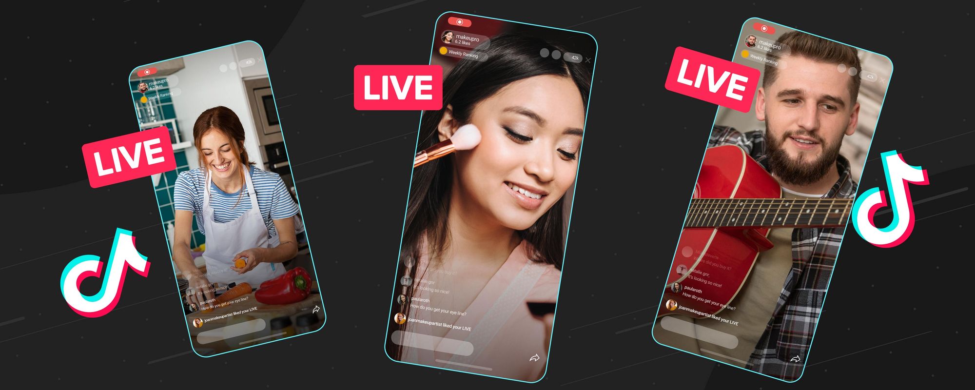 Examples of different creators that are streaming on TikTok LIVE.