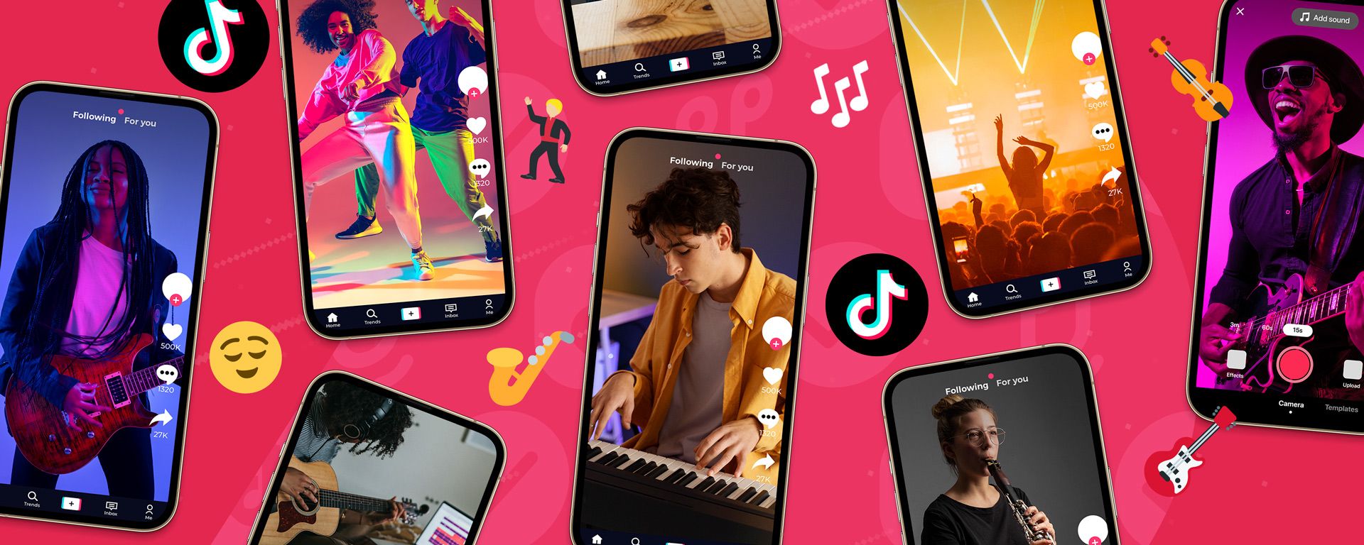 Different screens with TikTok showing creators dancing and enjoying music on the app.