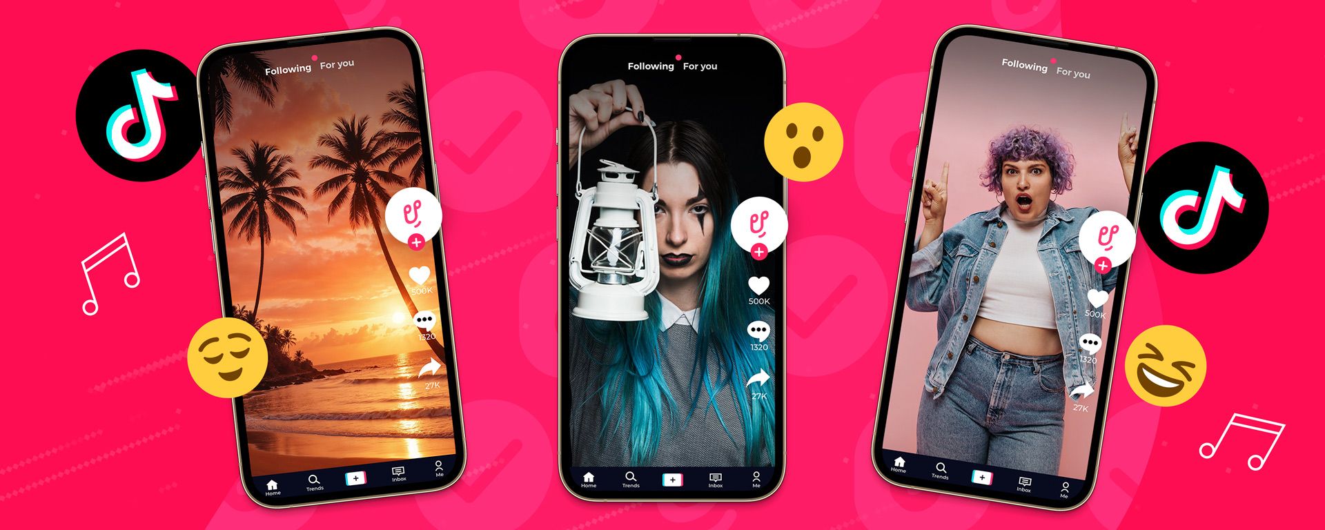 Three TikTok screens showing the different types of content that music can be added to.