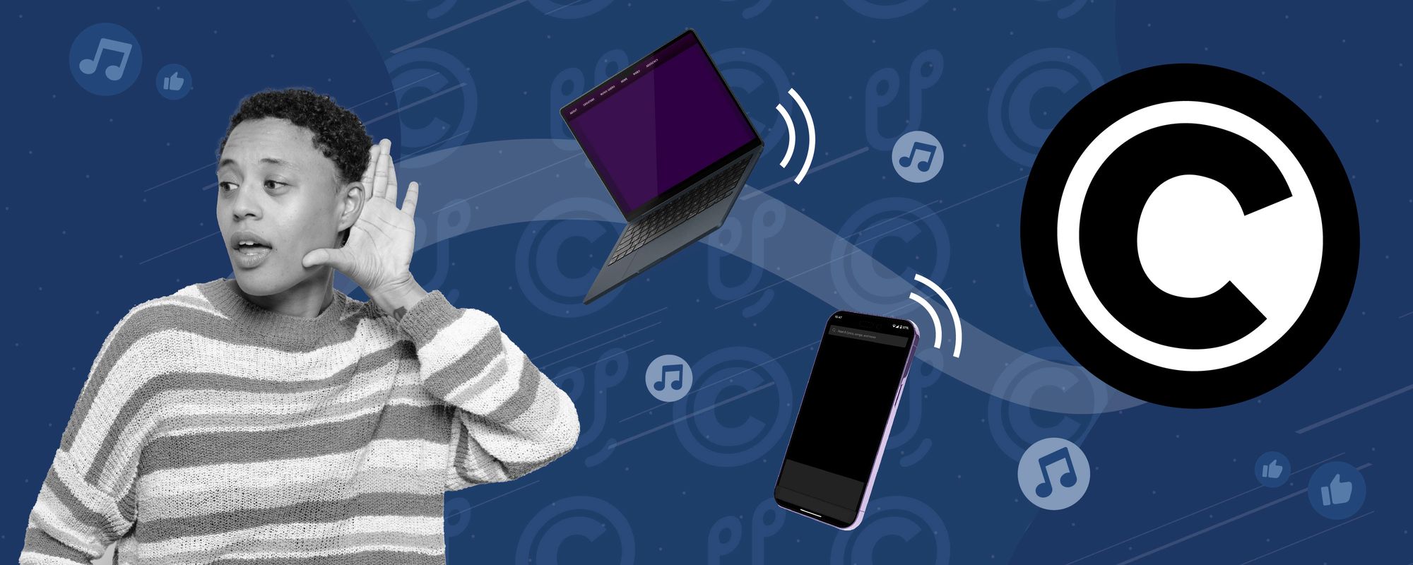 Image of a creator next to a phone and laptop, showing different ways they can find out if a song is copyrighted.