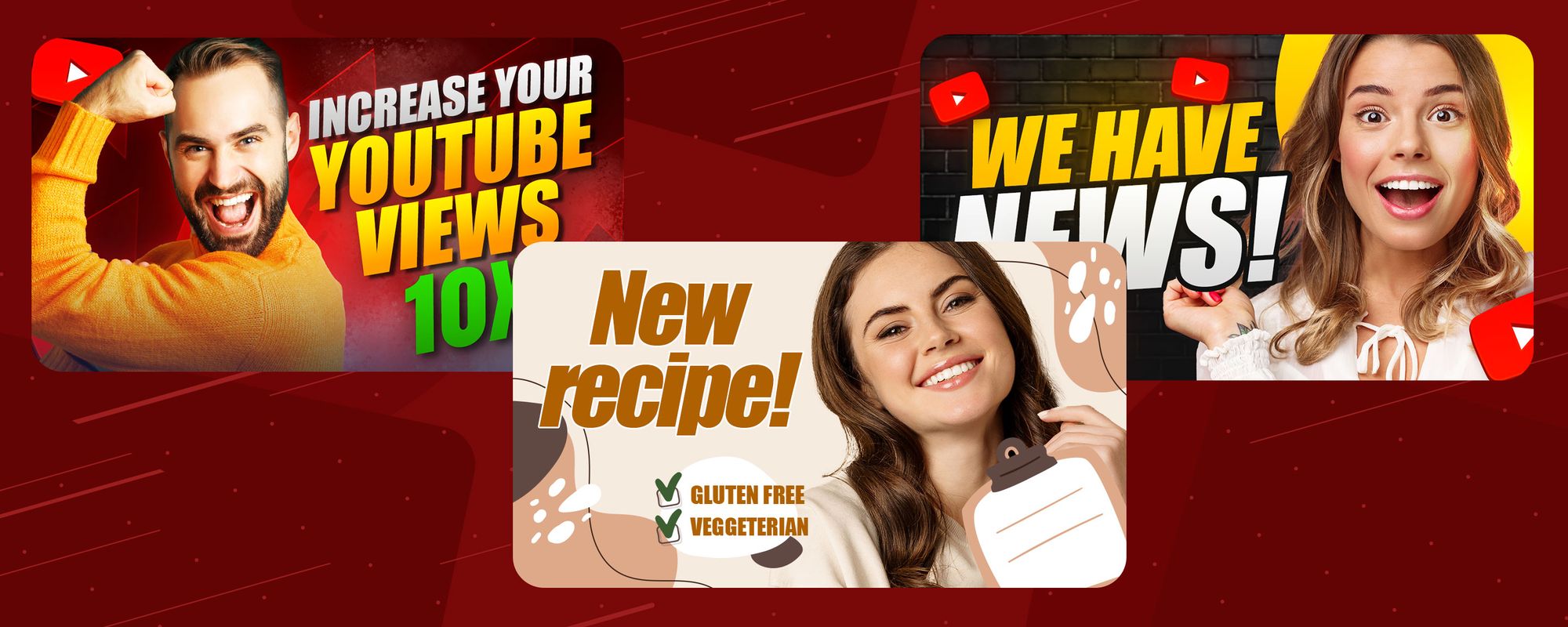 Three different examples of YouTube thumbnails created using the tips outlined in the article.