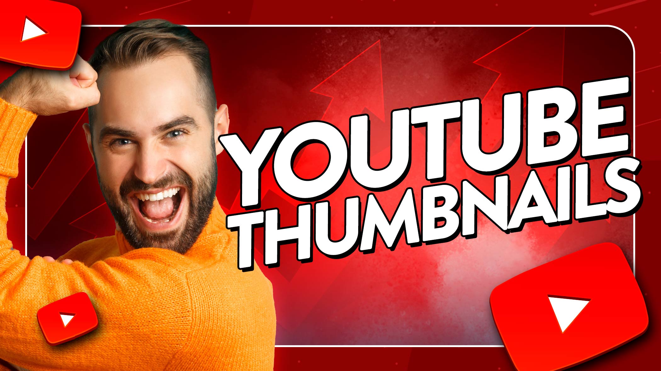 Image of a content creator featuring in a mocked-up YouTube thumbnail, alongside text that says 'YouTube thumbnails'.