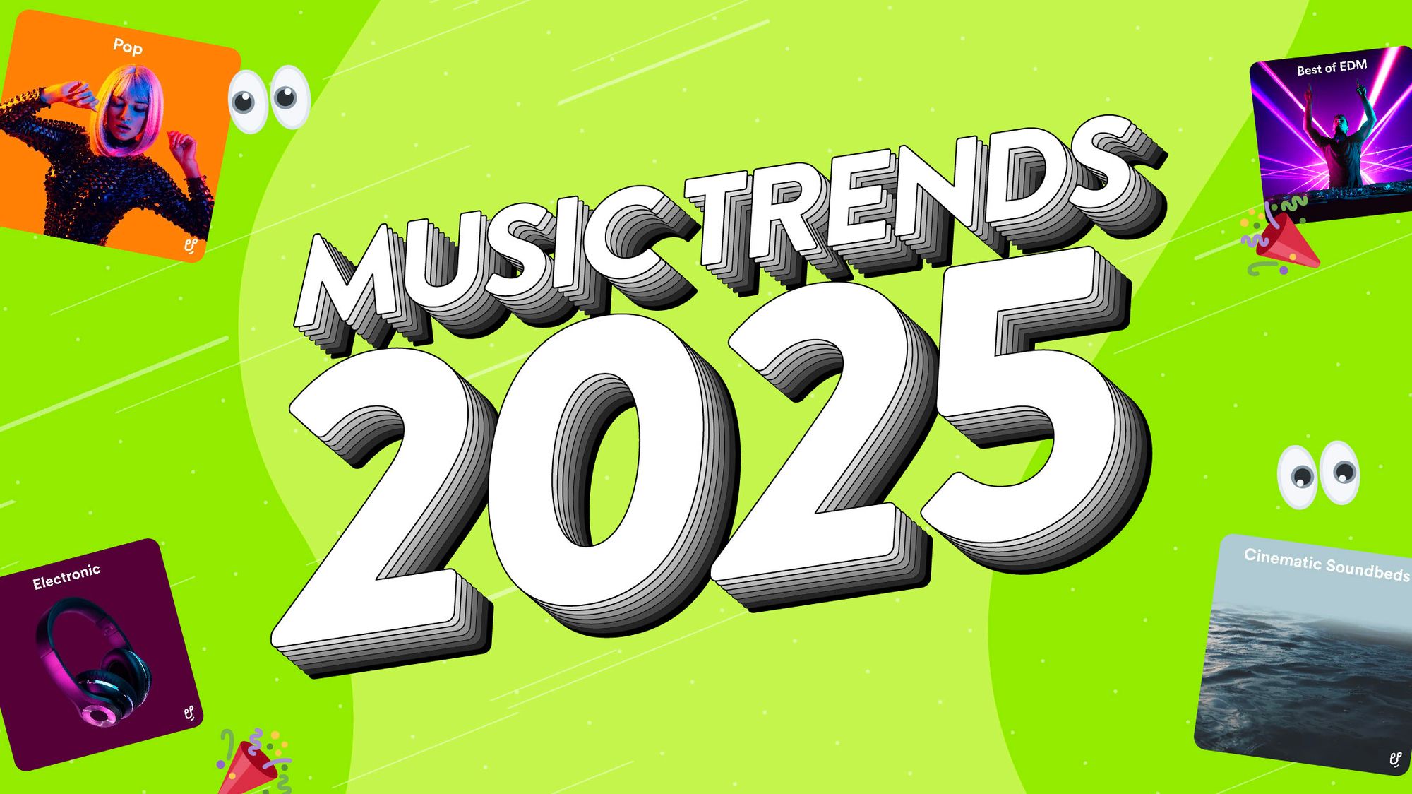 Graphic showing different popular genres with 'Music Trends 2025' in text over the top.