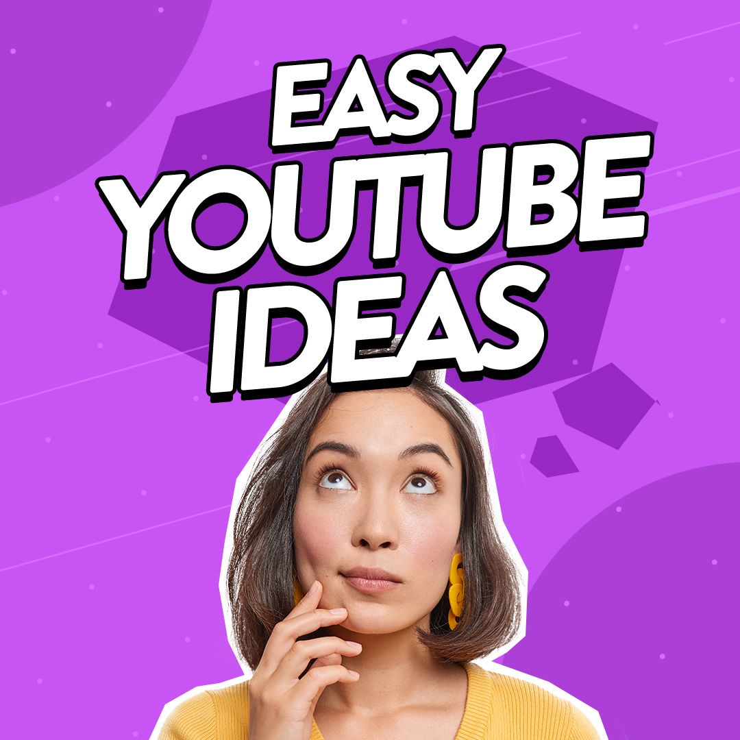 Image of a content creator thinking with the text 'Easy YouTube Ideas' above her head.